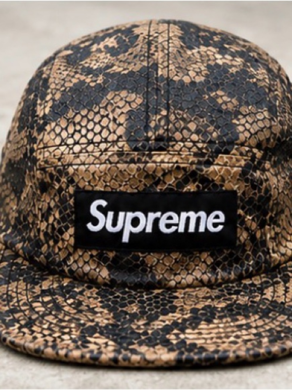 Supreme Snakeskin Camp Cap 5 Panel Hat Tan Black Python Print Adjustable